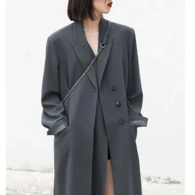 Blazer feminino moda casaco frente dupla botão acima do joelho trench coat - Imagem 1 de 4