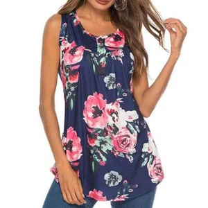 Summer Womens Sleeveless Casual Floral T Shirt Tunic Tank Top Loose Vest Fashion - Picture 1 of 14