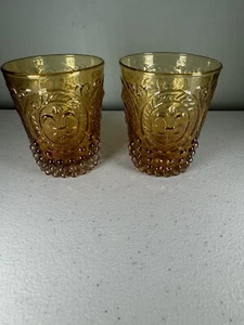 VTG Amber Flour De Lis And Hobnail Low Ball Juice Glasses Set Of 2 - Picture 1 of 7