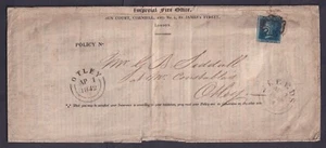1842 Insurance Policy 2d Blue Pl 3 KI Fine Black MX London to Otley via Leeds - Picture 1 of 5