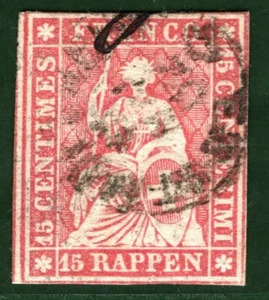 SWITZERLAND Helvetia Stamp Scott.28 15r Rose BLUE THREAD Used Cat $70 YELLOW18 - Picture 1 of 6
