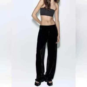 Zara NWT Black Long Velvet Wide Leg High Elastic Waist Pants Large - Picture 1 of 4
