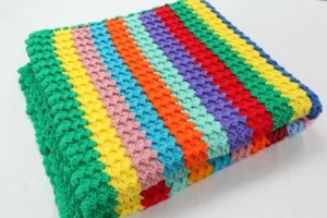 Hand Crocheted Afghan Throw Blanket Bright Rainbow Stripes Hand Crocheted 75x40 - Picture 1 of 7