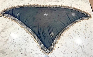 Vintage Black Crochet Gold Beaded Semi Sheer Piano Shawl Wrap Spanish Scarf - Picture 1 of 7