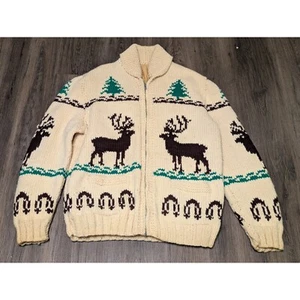 Vintage Wool Knit Cochiwan Cardigan Reindeer Tree Full Zip Sweater (XL?)46-48 - Picture 1 of 5