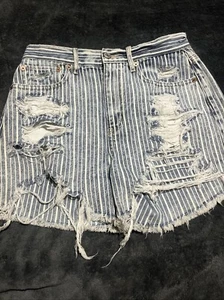 American Eagle Shorts 90s Boyfriend Pinstripe Stripes Distressed Denim Size 2 - Picture 1 of 8