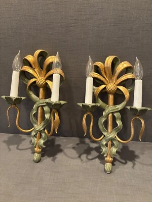 Large Pair of Gilt Wood Candle Wall Sconces Italian Florentine Fleur-de-Lis - Image 1 of 4
