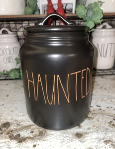 New Rae Dunn Halloween Orange LL "HAUNTED" Black 8" Canister By Magenta - Picture 1 of 4