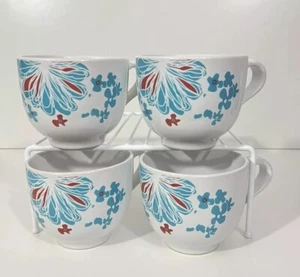 4 Ikea Bullra Coffee Tea Soup Mugs Cups Aqua Turquoise White Red Floral - Picture 1 of 17