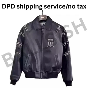 Leder Bomberjacke Avirex LDN, schwarz Varsity Streetwear bestickte Patches - Bild 1 von 5