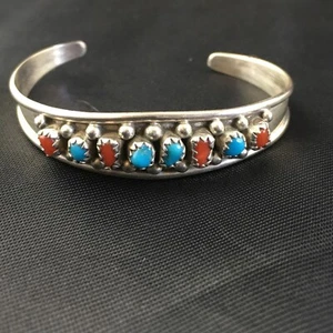 Navajo Kinder Sterlingsilber blau Türkis rote Koralle Armreif Armband 4" 10248 - Bild 1 von 12