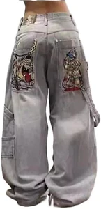 Unisex Y2K Hip Hop Street Jeans Skeleton Printed Gothic Baggy Jeans Vintage High - Picture 1 of 3