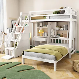 Bunk Bed with Stairs, Desk, Headboard Storage Solid Pine Wood Frame Kids Sleeper - Picture 1 of 9