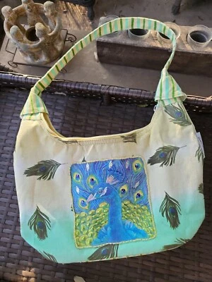 "Cartera de algodón pintada con cuentas de pavo real ANDREA TACHIERA SUN-N-SAND 14"" X 10"""  Foto 1 de 4