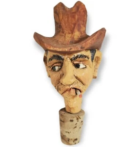 Carved Wood Wine Cork Stopper Hooch Gibson Cowboy vintage barware western booze - Picture 1 of 9