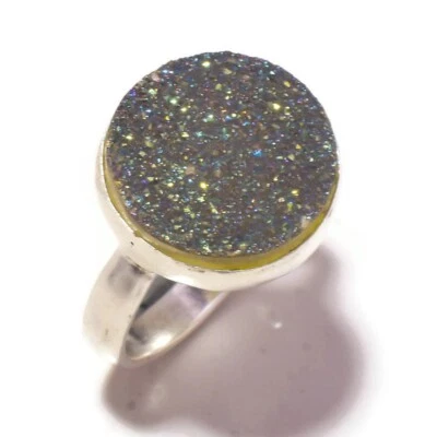 Titanium Druzy Round Gemstone Silver Overlay Handmade Statement Druzy Ring US-7 - Image 1 of 2