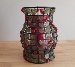 Seasonal Christmas Candle Lamp Wire Mesh with Ilex Leaves Decor & Glass Inside - Picture 1 of 5