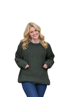 Suéter para Damas 100% Lana Pullover Irlandés Tradicional Aran Costura Verde Pino Foto 1 de 4