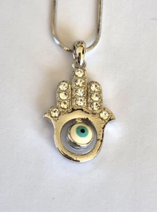 2.5 x 1.25 cm Rhodium Plated Hamsa with Hanging Evil Eye 40 cm Chain Necklace - Picture 1 of 3