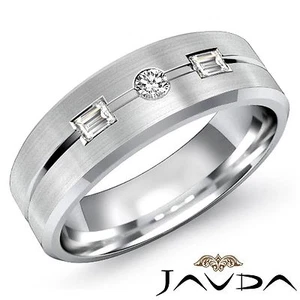 3 Stone Diamond Round Baguette Ring Mens Half Wedding Band Platinum 7mm 0.20Ctw - Picture 1 of 3