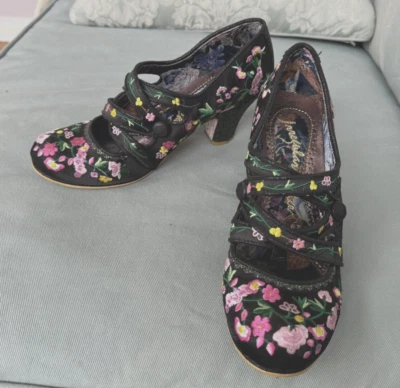 Irregular Choice Black Satin Embroidered w/ Pink Flowers Criss Cross Front 2.5" - Image 1 of 4
