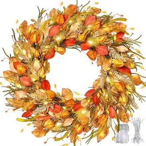 24 Inch Fall Wreath with Lights,Fall Door Wreath with Wheat Berry Straw,Farmh... - Picture 1 of 8