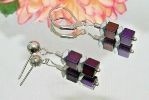 Ohrringe Ohrhänger Hämatit Cube Würfel bordeaux purpel silber Auswahl 052t - Bild 1 von 10