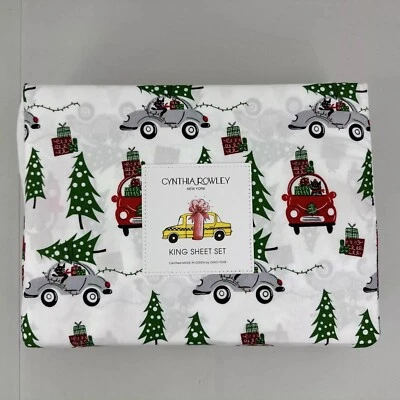 Набор простыней Cynthia Rowley King праздничные дорожные кошки подарок покупки и дерево на автомобиле - Изображение 1 из 4