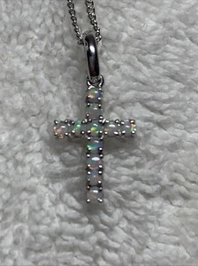 Colgante Ópalo Oro Blanco 18k Cruz Religioso Collar Joyería Como Nuevo - Imagen 1 de 12