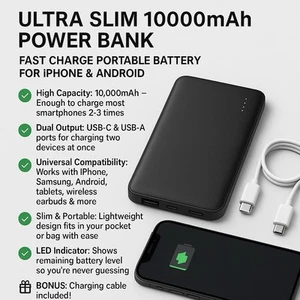 🔋 Slim 10,000mah Power Bank - Fast Charge Portable Battery iPhone USB C - Photo 1 sur 1