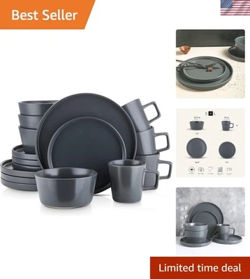 Juego de 16 piezas de gres gris mate - Servicio para 4, apto para lavavajillas y microondas Foto 1 de 4