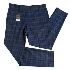 Pantalones de traje ajustados a cuadros Topman nuevos con etiquetas en azul marino 34R - Imagen 1 de 9