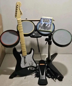 Xbox 360 Rock Band Drum Set Wired BUNDLE w/ Guitar, Game, Microphone Tested Lot - Picture 1 of 1