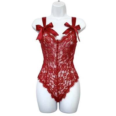 Victoria’s Secret Vintage Gold Label Lace Teddy Bodysuit Red Satin Bows Size S - Image 1 of 4