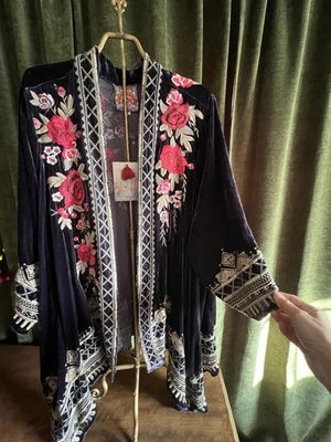 Johnny Was Bordado Terciopelo Kimono Chaqueta Plumero Cárdigan Abierto XL Artístico Boho Foto 1 de 3