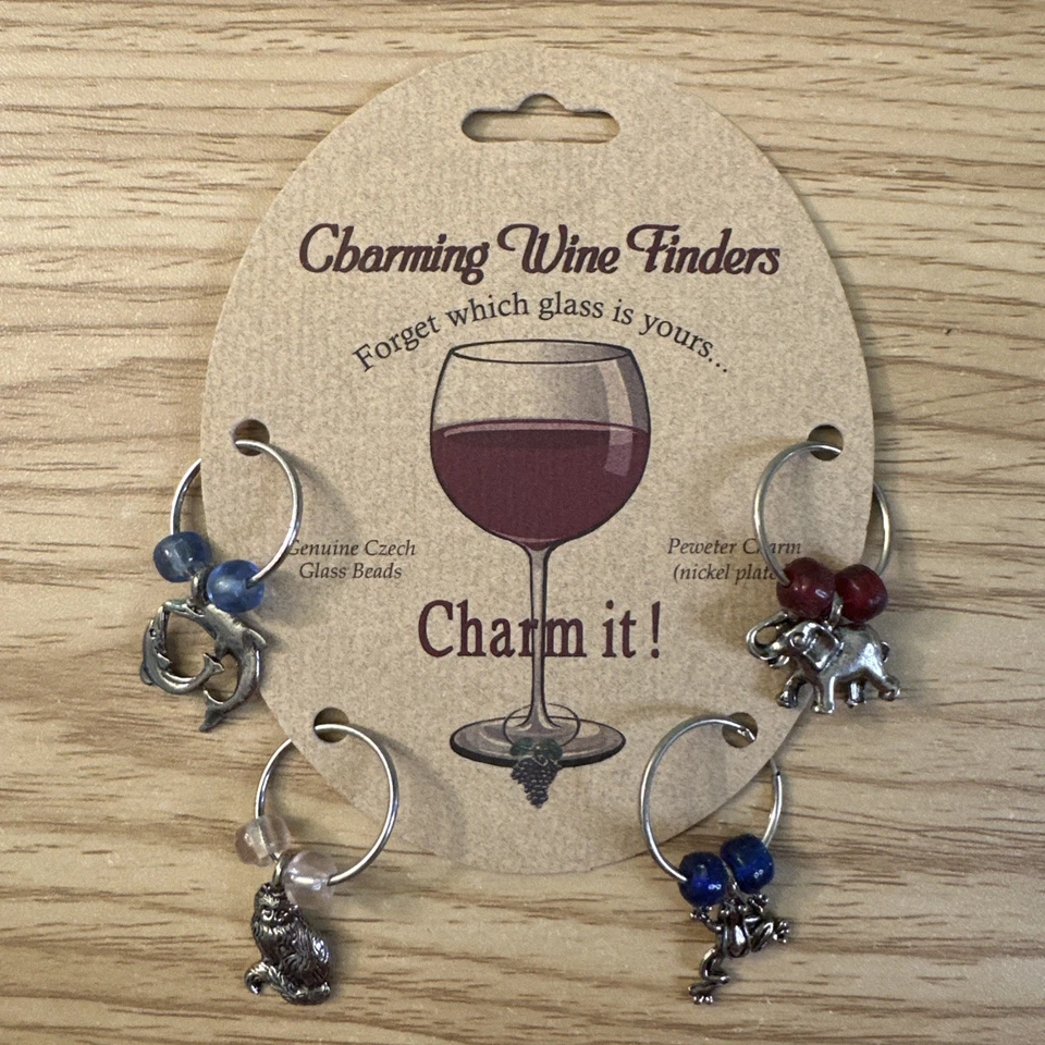 锡与捷克玻璃珠葡萄酒玻璃饰品 4 件套海豚大象猫青蛙 — 第 1/4 张图片