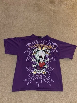 Ed Hardy *Fits 2XL* Christian Audigier Purple "Love Dies Hard" Skull Shirt *READ - Image 1 of 4