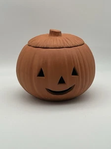 6” Tall Ceramic Smiling Happy Pumpkin Jack-O-Lantern Candle Yea Light Holder - Picture 1 of 8