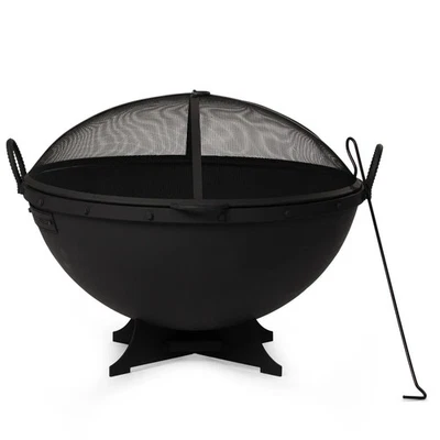 TITAN GREAT OUTDOORS Ash & Ember 32" Hemisphere Fire Pit with Screen and Poker, Cast Iron High-Temper