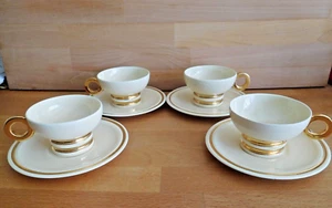 ROBJ ART DECO SET OF FOUR CREAM AND GILT STYLISED COFFEE CUPS AND SAUCERS - Picture 1 of 18