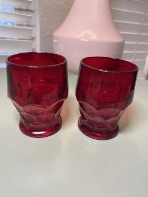 2 Vintage Anchor Hocking Ruby Red Glass Georgian Honeycomb 4”  9oz Tumblers - Image 1 of 4