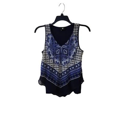 Iz Byer Navy Blue White Paisley Sheer Tank Top Blouse Women's Large - Image 1 of 4