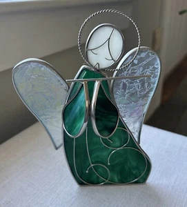 Stained Glass Green Angel Playing Flute Iridescent Wings Tea Light Suncatcher - Picture 1 of 8