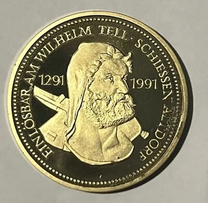 1988 Switzerland 100 Francs Specimen Strike Wilhelm Tell Brass Coin Shooting - Picture 1 of 5