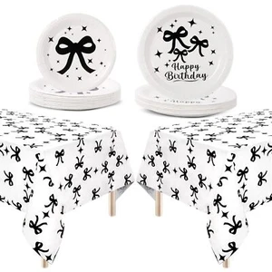 50 Pcs Black Bow Birthday Party Supplies Serve 24 Includes Bow Theme Tablewar... - Picture 1 of 7