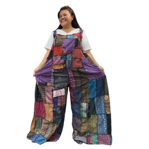 Handmade Hippie Boho real patchwork overalls Thailand Multi Blue 2x-5x Plus size - Picture 1 of 2