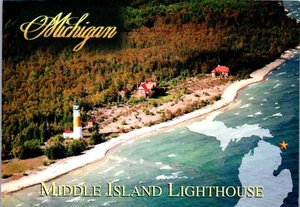 Michigan MI Light House Postcard Middle Island Lighthouse Aerial Near Alpena - Picture 1 of 3