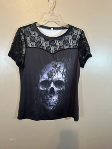 Camicia donna manica corta pizzo nera con teschio viola gotico grafica 0XL - Foto 1 di 5
