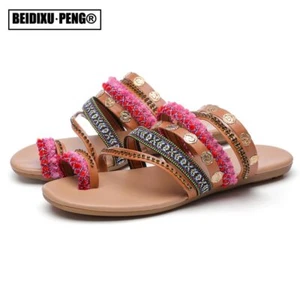 Sandalias bohemias para mujer Zapatos planos Peep Toe Sandalias sin cordones con tiras de estrás - Imagen 1 de 17