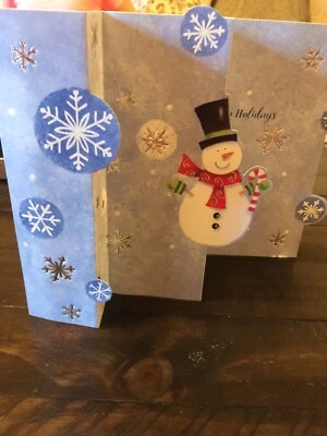 50 Light Blue W/ Silver Foil Snowman Trifold Holiday Greeting Card W/ Envelope - Image 1 of 4